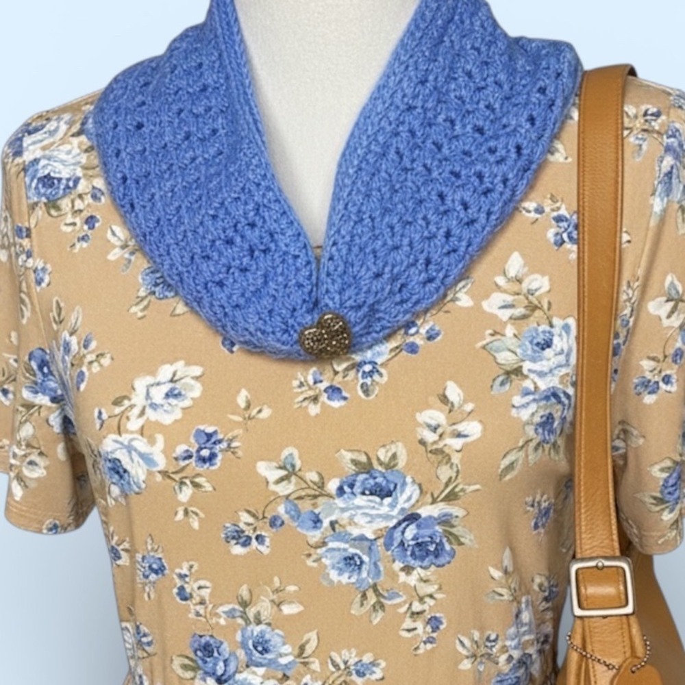 Hand Crocheted Blue Ear Warmer Scarf Neck Warmer with Heart Button‎ Cottagecore